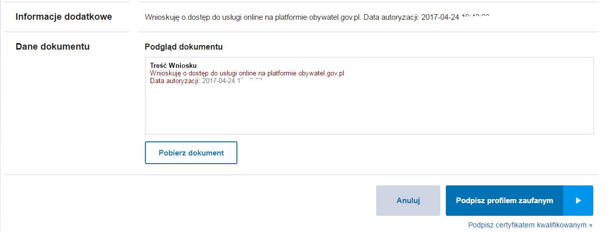 Wnioskuję o dostęp do usługi online na platformie obywatel.gov.pl. Data autoryzacji: