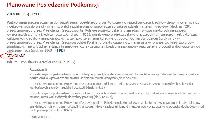 Frankowicze: Podkomisja ds kredytów CHF posiedzenie odwołane
