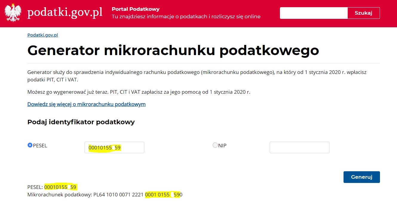 Mikrorachunek podatkowy pełny numer PESEL