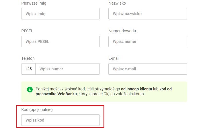 VeloBank gdzie wpisać kod polecenia?